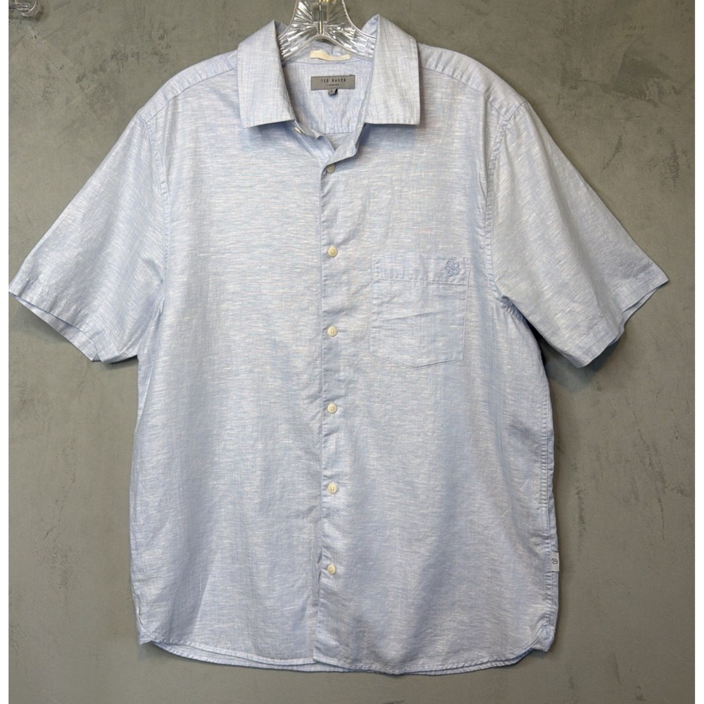 Ted Baker London Men's Linen Cotton Button Shirt Blue Short Sleeve Size 5 US L